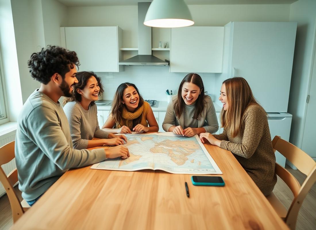 Five friends around a kitchen table planning a group trip together