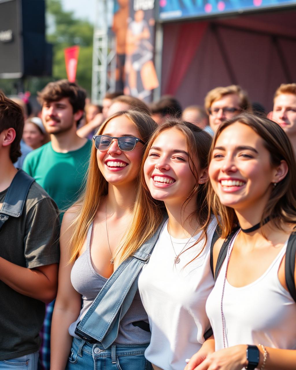 Friends smiling at an outdoor music festival