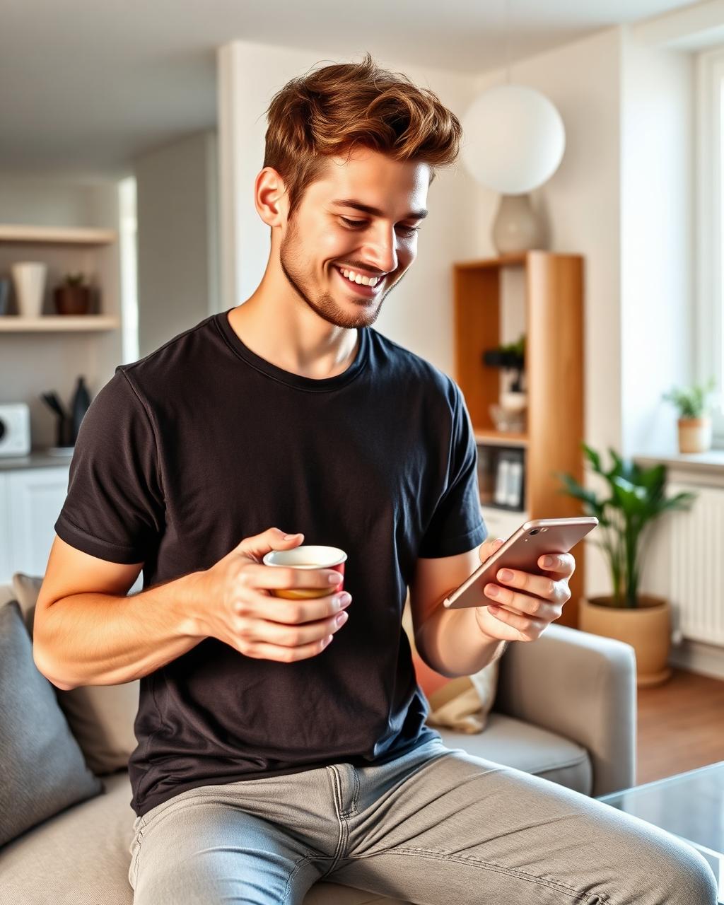 A young man with coffee smiling at his phone in a bright flat