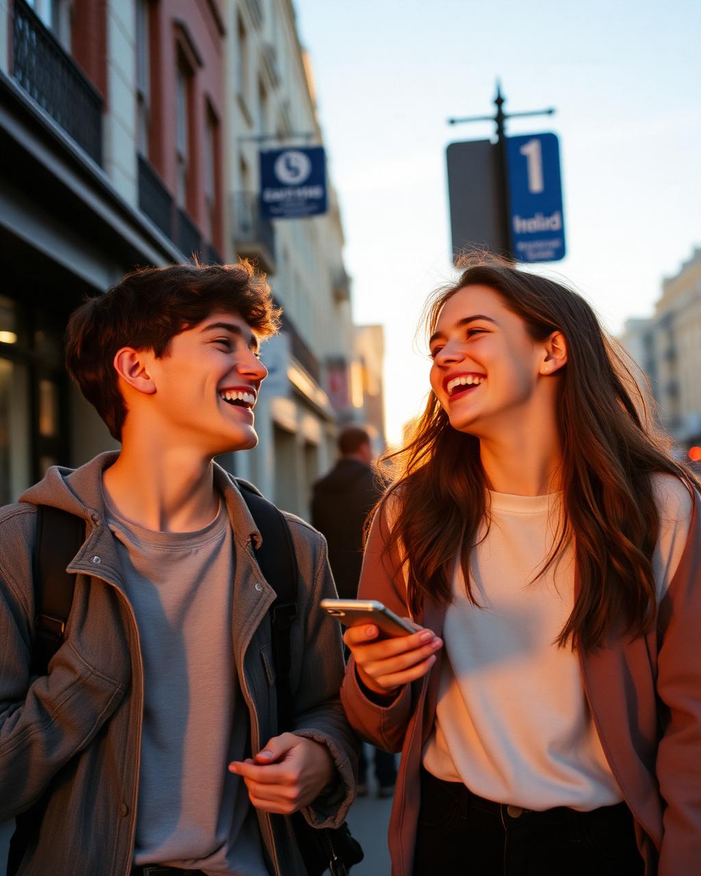 Two friends laughing on a London street at golden hour
