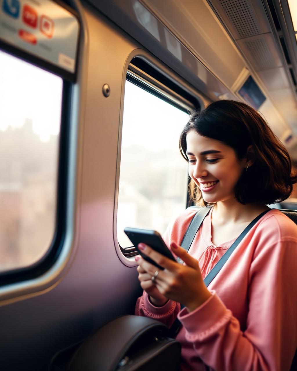A young woman checking her phone on a train