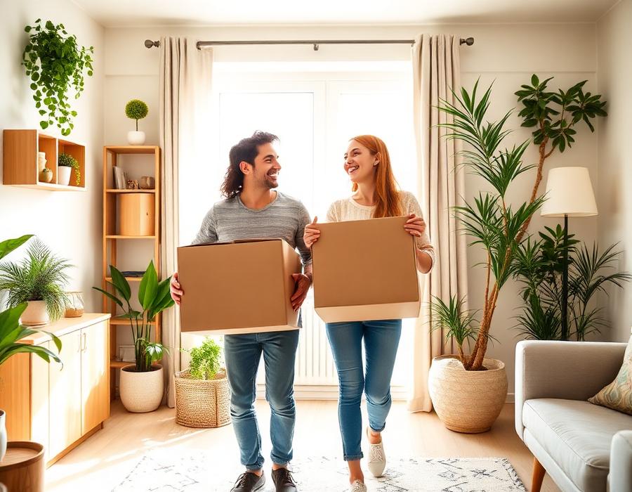 Young couple carrying boxes into their first flat