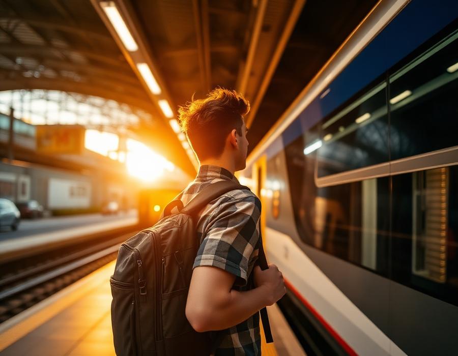 Young man boarding a train with a backpack
